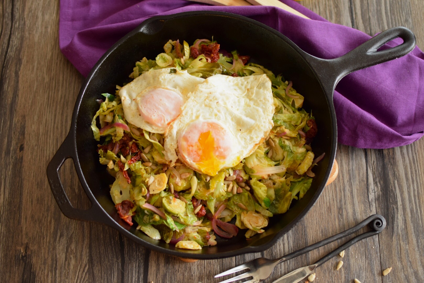 Eggs over Easy with Shredded Brussels Sprouts